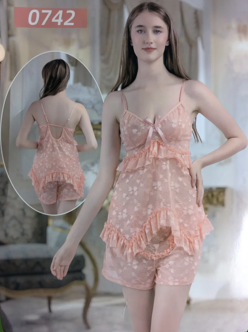Peach Blossom Ruffle Lace Two-Piece Cami Sleepwear Set